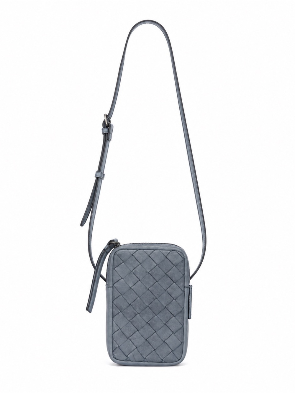 Woven Leather Crossbody Phone Pouch in Gray